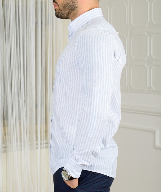 Ανδρικό λευκό λινό πουκάμισο με κάθετες ρίγες  μπλε χρώμα