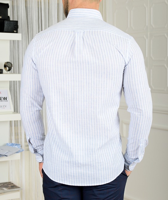 Ανδρικό λευκό λινό πουκάμισο με κάθετες ρίγες  μπλε χρώμα