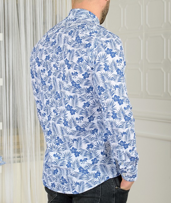 Λευκό ανδρικό κρεπ πουκάμισο με μπλε λουλούδια