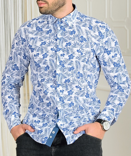 Λευκό ανδρικό κρεπ πουκάμισο με μπλε λουλούδια