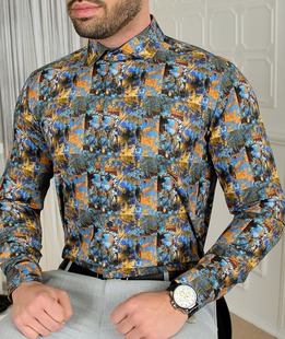 Ανδρικό χρωματιστό πουκάμισο με λουλούδια και φύλλα