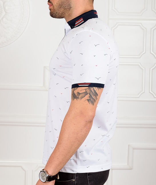 Ανδρικό μπλουζάκι πόλο σε λευκό χρώμα με πουλιά
