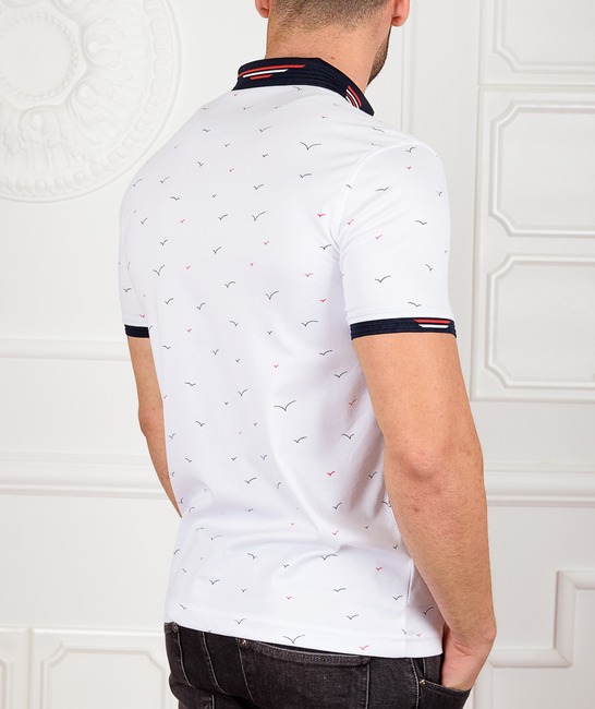 Ανδρικό μπλουζάκι πόλο σε λευκό χρώμα με πουλιά
