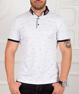 Ανδρικό μπλουζάκι πόλο σε λευκό χρώμα με πουλιά