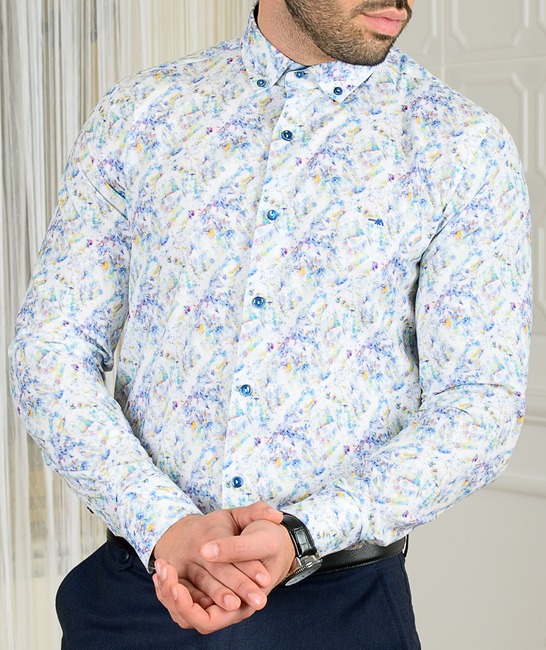  Ανδρικό λευκό πουκάμισο με αφηρημένα στοιχεία