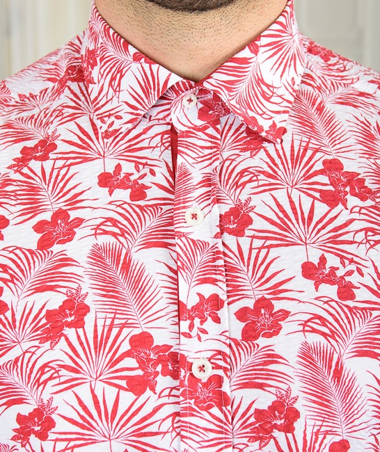 Λευκό ανδρικό κρεπ πουκάμισο με κόκκινα λουλούδια
