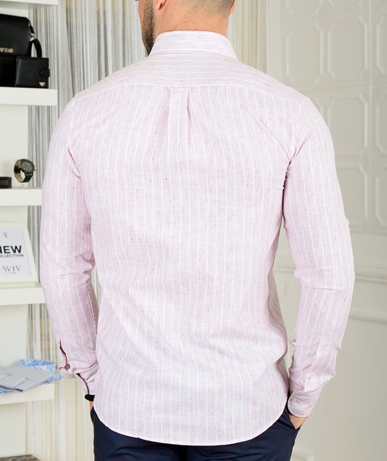 Ανδρικό λινό πουκάμισο σε λευκές κάθετες ρίγες μπορντό χρώμα