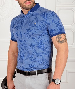 Ανδρικό μπλε μπλουζάκι με γιακά σε τροπικά φύλλα