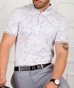 Ανδρικό λευκό μπλουζάκι πόλο με τροπικά φύλλα