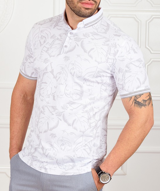 Ανδρικό λευκό μπλουζάκι πόλο με τροπικά φύλλα
