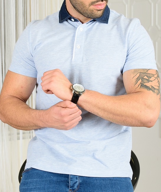 Ανδρικό πουκάμισο πόλο γαλάζιο χρώμα με τζιν γιακά