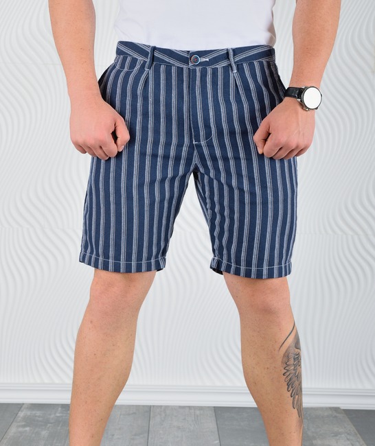 Ανδρικό μπλε κοντό παντελόνι με ζώνη  σε ρίγες