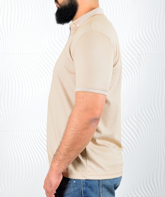 Ανδρικό μπλουζάκι πόλο με λευκό μπορντούρα χρώμα μπεζ μεγάλο μέγεθος