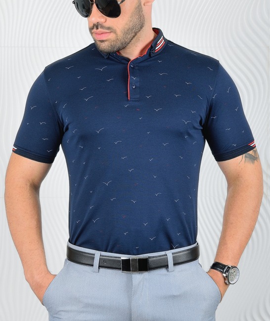 Ανδρικό μπλουζάκι πόλο με πουλιά σκούρο μπλε χρώμα