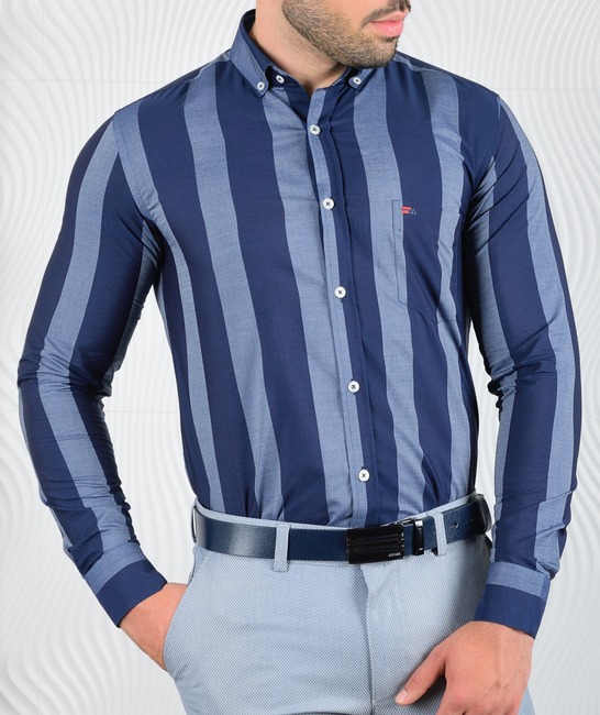 Ανδρικό μπλε πουκάμισο με μεγάλες σκούρες γκρι κάθετες ρίγες