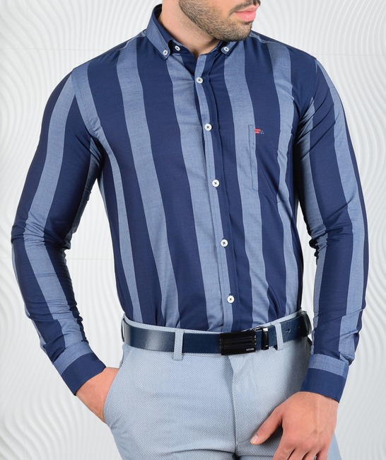 Ανδρικό μπλε πουκάμισο με μεγάλες σκούρες γκρι κάθετες ρίγες