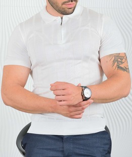 Λευκό ανδρικό μπλουζάκι πόλο με φερμουάρ