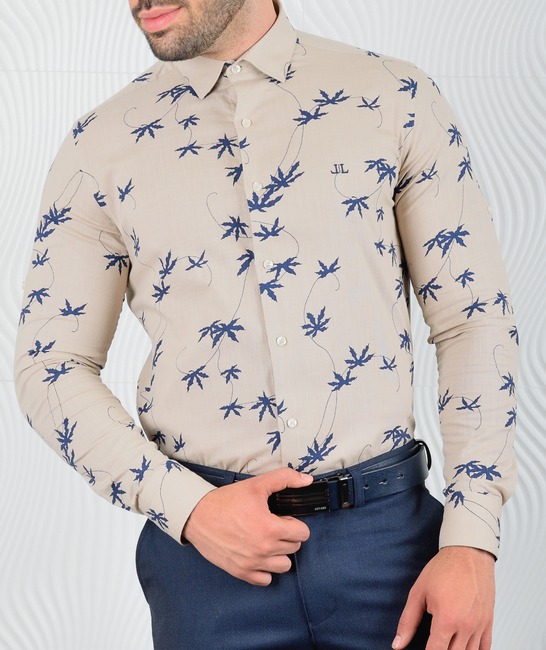 Ανδρικό λινό πουκάμισο μπεζ με φύλλα