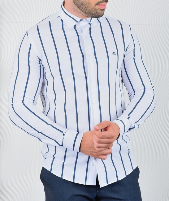 Ανδρικό άσπρο λινό πουκάμισο με κάθετες ρίγες