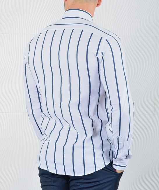 Ανδρικό άσπρο λινό πουκάμισο με κάθετες ρίγες