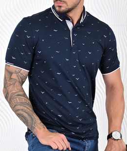 Ανδρικό μπλουζάκι πόλο με 3D birds σκούρο μπλε χρώμα