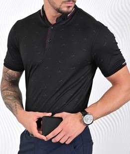 Ανδρικό μπλουζάκι πόλο με birds μαύρο χρώμα