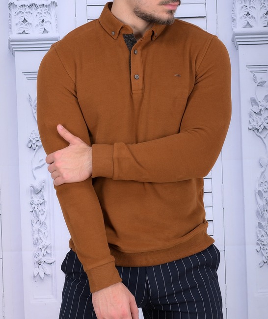Ανδρική βελούδινη μπλούζα με γιακά σε χρώμα κεραμιδί 