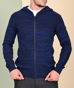 Ανδρική μπλε πλεκτή ζακέτα τύπου μελανζέ με κουκούλα