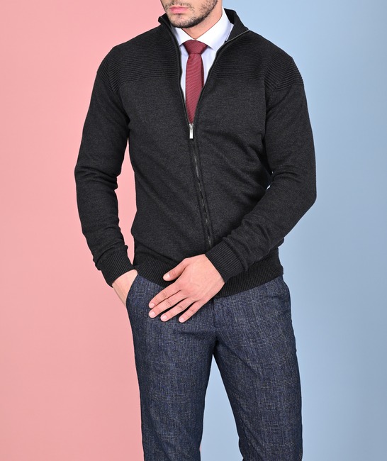 Ανδρική ζακέτα με φερμουάρ σκούρο γκρι χρώμα 