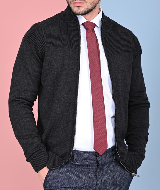 Ανδρική ζακέτα με φερμουάρ σκούρο γκρι χρώμα 