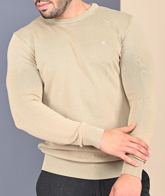 Ανδρικό πουλόβερ με στρογγυλή λαιμόκοψη χρώμα μπεζ