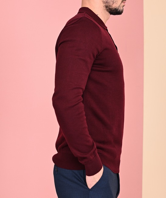 Ανδρικό πλεκτό πουλόβερ με τρία κουμπιά σε μπορντό χρώμα	