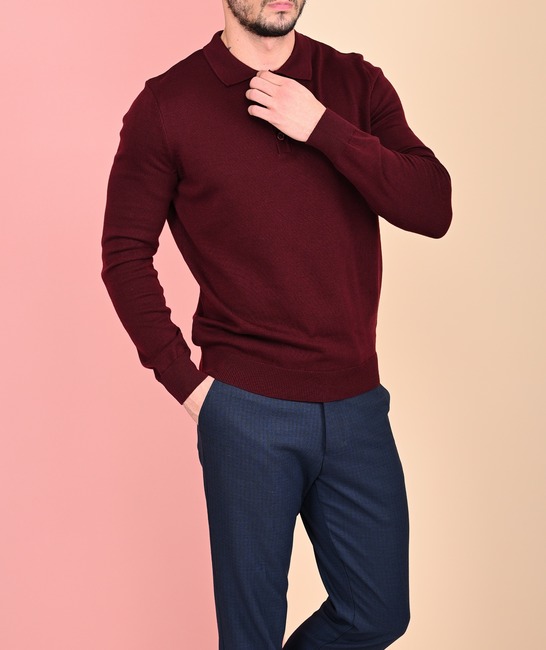 Ανδρικό πλεκτό πουλόβερ με τρία κουμπιά σε μπορντό χρώμα	