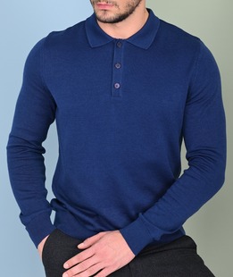 Ανδρικό πλεκτό πουλόβερ με τρία κουμπιά σε μπλε χρώμα	