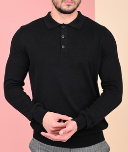 Ανδρικό πλεκτό πουλόβερ με τρία κουμπιά σε μαύρο χρώμα