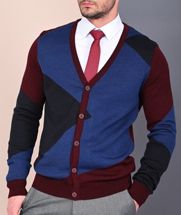 Ανδρική πλεκτή ζακέτα μπορντό και μπλε με κουμπιά