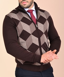 Ανδρική πλεκτή καφέ ζακέτα με ρόμβους