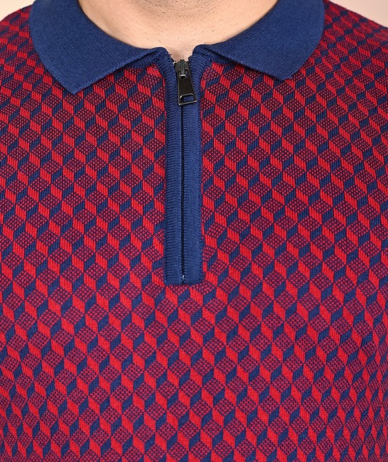 Ανδρικό μπλε πουλόβερ με μικρούς μπορντό ρόμβος  