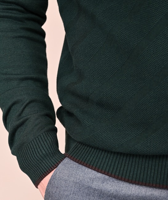 Ανδρικό πράσινο πλεκτό πουλόβερ με λωρίδες από ανάγλυφο ύφασμα με φερμουάρ