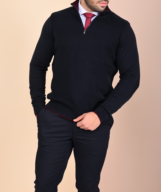 Ανδρικό μπλέ ριγέ πουλόβερ με φερμουάρ