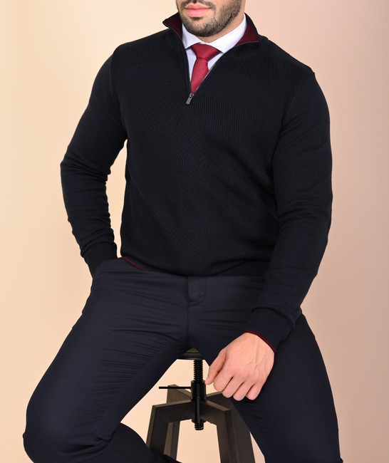 Ανδρικό μπλέ ριγέ πουλόβερ με φερμουάρ