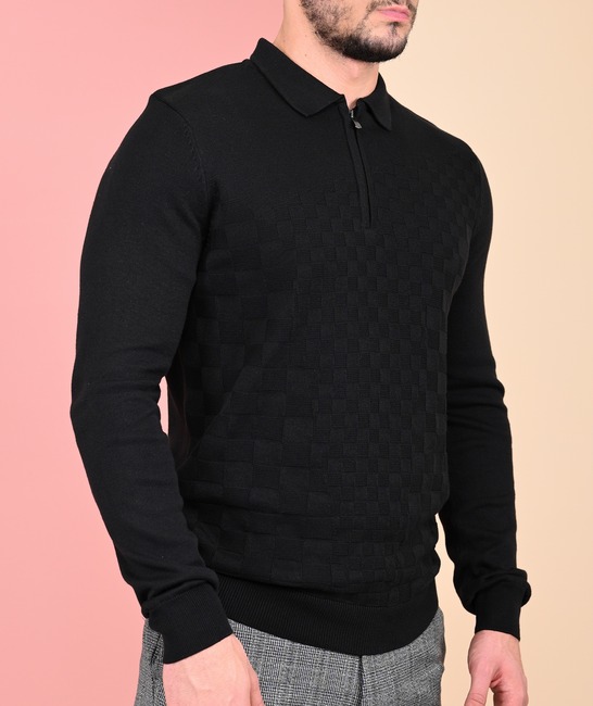Ανδρικό  μαύρο πλεκτό πουλόβερ με τετράγωνα και φερμουάρ