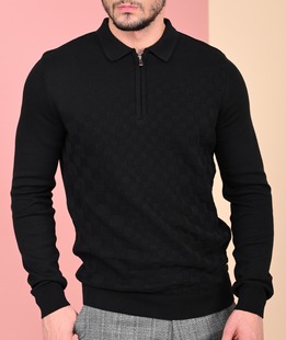 Ανδρικό  μαύρο πλεκτό πουλόβερ με τετράγωνα και φερμουάρ
