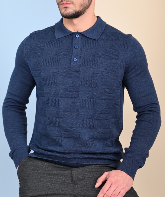 Ανδρικό μπλε πουλόβερ με γιακά και γραφικά σχέδια