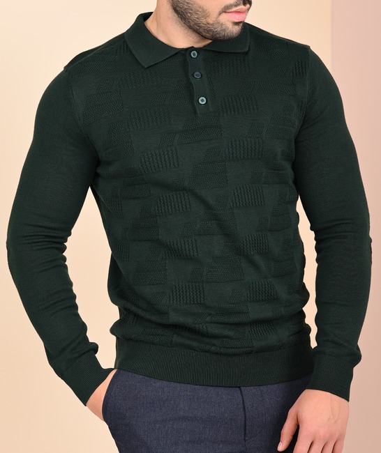 Ανδρικό πράσινο πουλόβερ με γιακά και γραφικά σχέδια