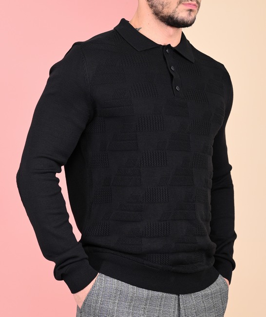 Ανδρικό μαύρο πουλόβερ με γιακά και γραφικά σχέδια