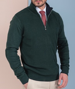 Ανδρικό πουλόβερ σε σκούρο πράσινο ριγέ με φερμουάρ