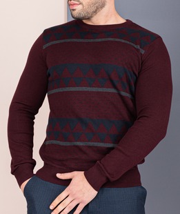  Ανδρικό μπορντό πουλόβερ με πράσινα τρίγωνα και ρίγες