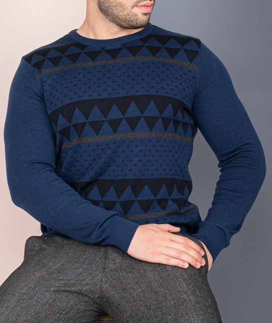 Ανδρικό μπλε πουλόβερ με μαύρα τρίγωνα και ρίγες