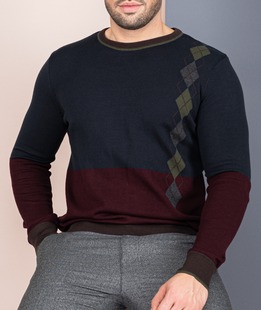 Ανδρικό δίχρωμο πουλόβερ μπλε και μπορντό με ρόμβος στο πλάι 